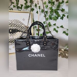 Chanel Black Patent Camellia Tote Bag